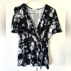Faith and Joy Monochrome Floral Wrap Blouse